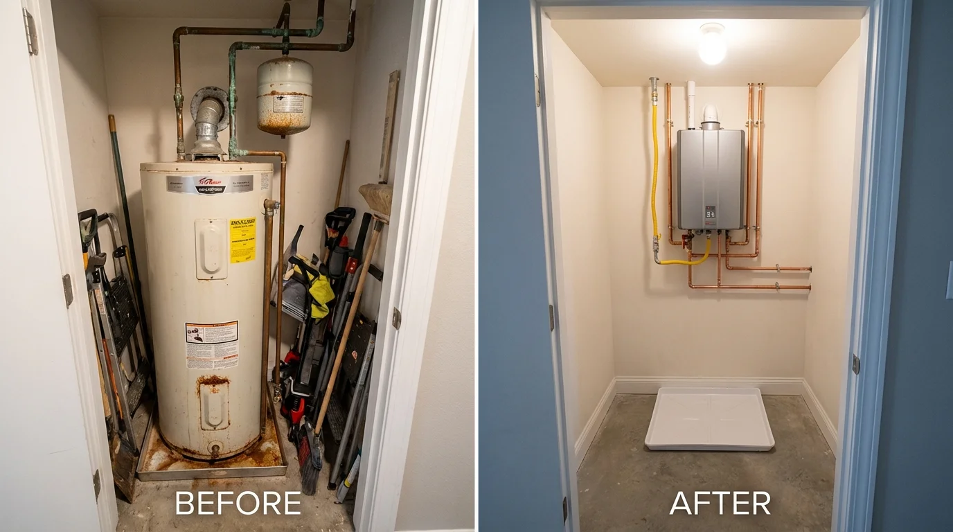 Tank water heater versus wall-mounted tankless unit comparison for Quincy, MA homeowners