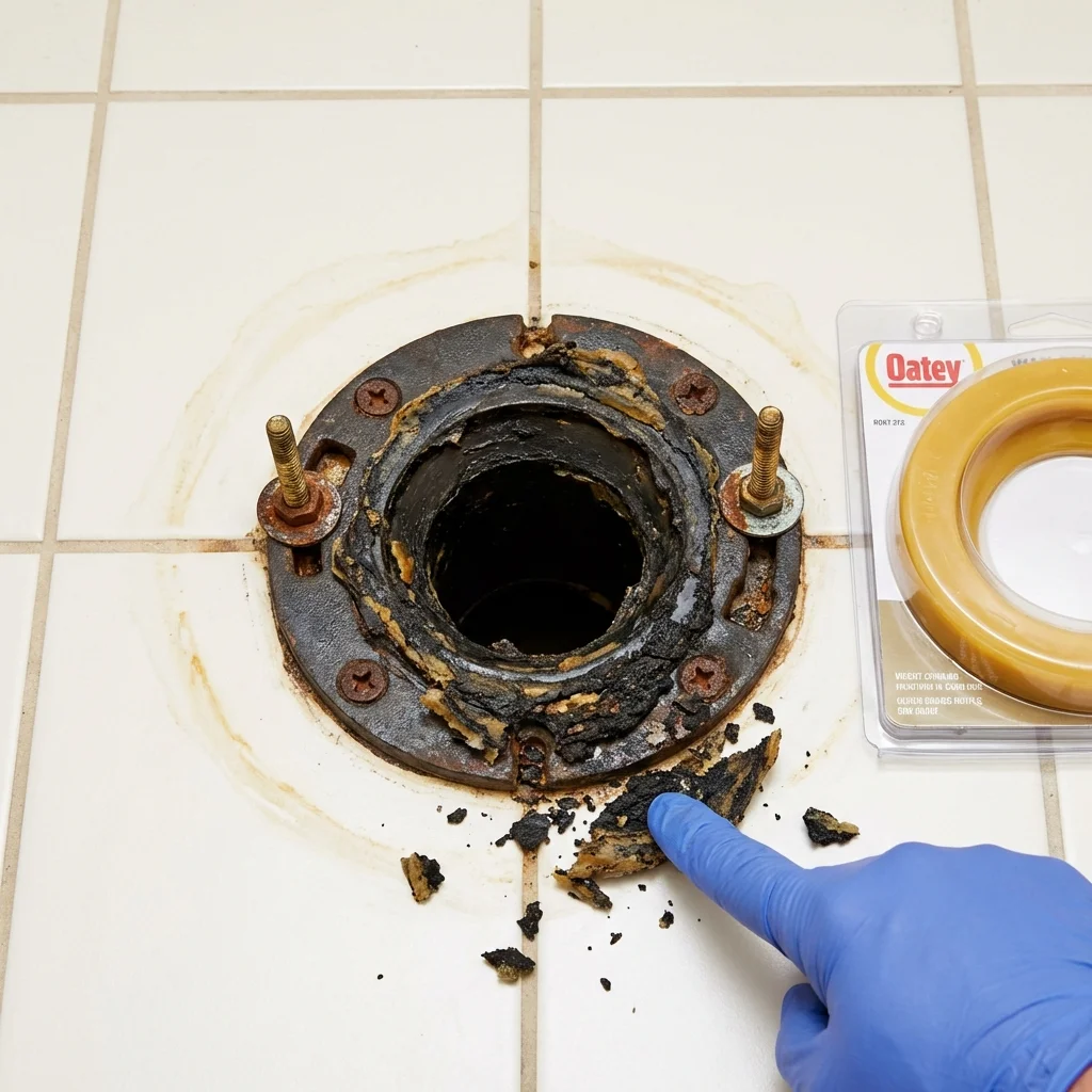 Failed wax ring showing water seepage at the base of a toilet in a Quincy, MA home
